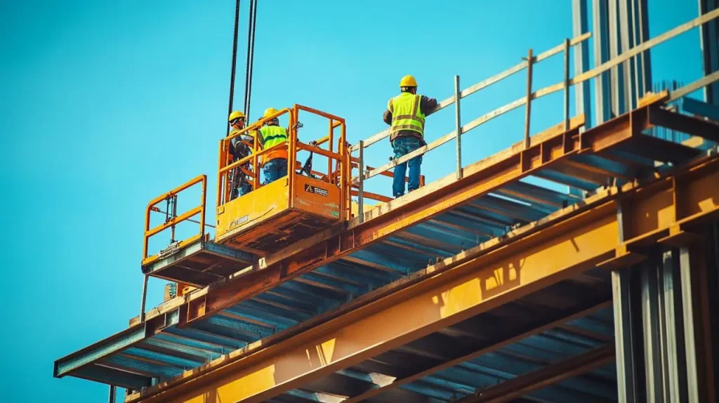 Chantier, nacelle verticale avec ouvriers